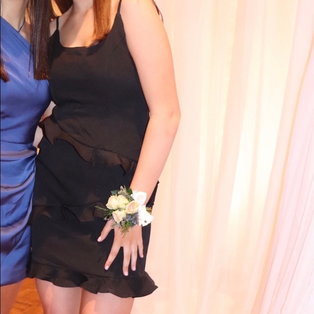 Black spaghetti strap ruffle cocktail dress